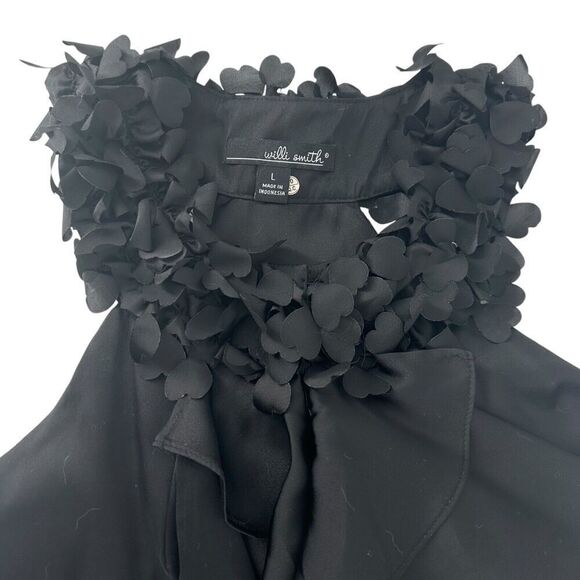 Willie Smith Black Satin Ruffle Sleeveless Top Size L Flirty Collar Racerback - Picture 4 of 8